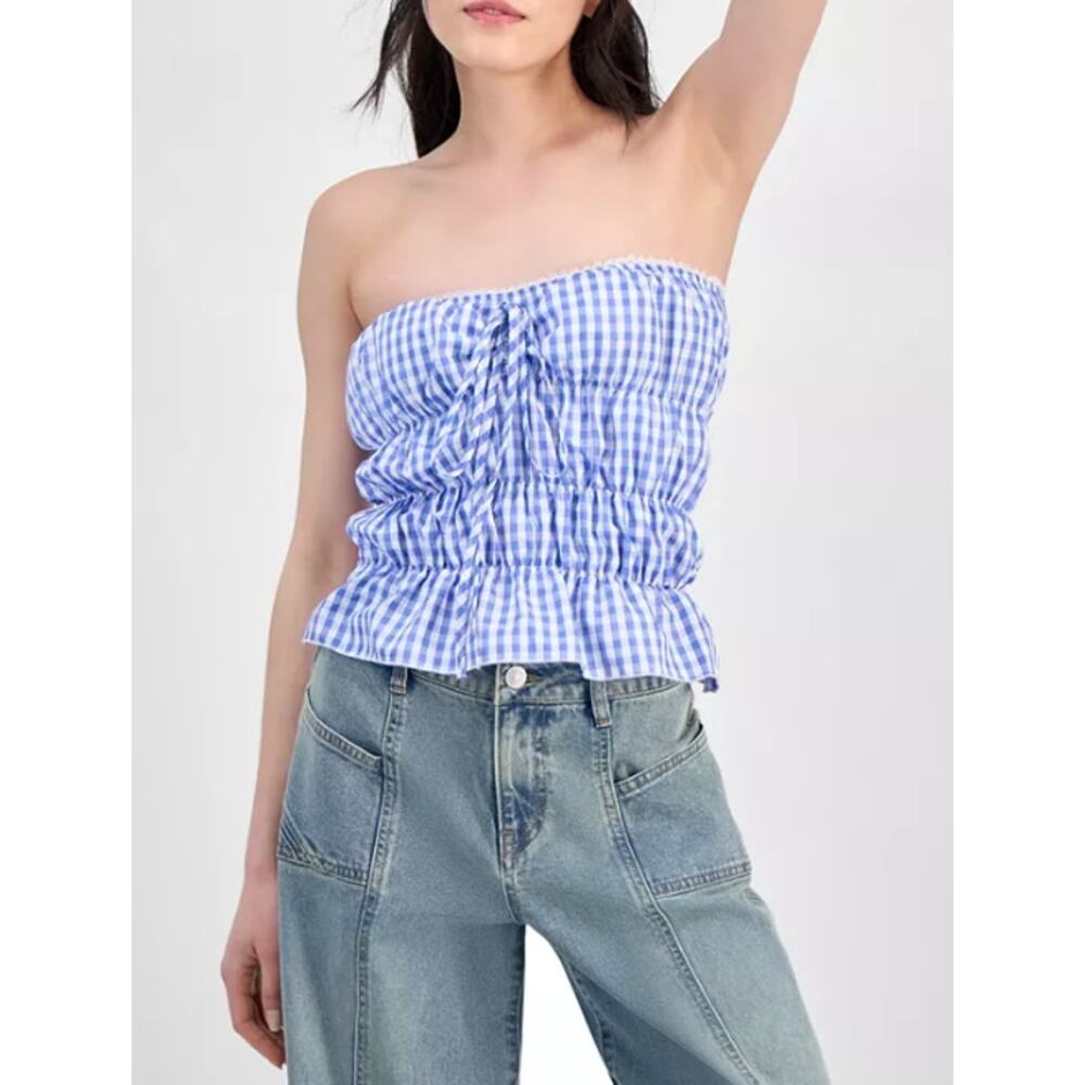 Rebellious One Juniors' Gingham Shirred Strapless Top XL